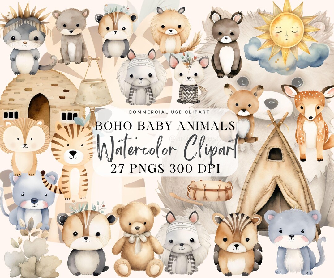 Boho Baby Watercolor Clipart, Boho Woodland Baby Animals Clipart ...