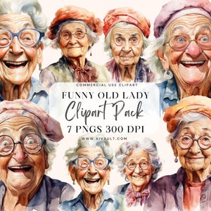 Funny Old Lady Grandma PNG Watercolor Clipart, Old Woman Clip Art, Retirement Clipart, Elderly People Clipart Old Person Watercolor Older
