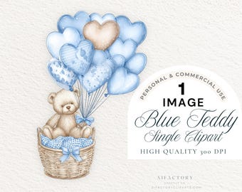青い赤ちゃんクマのクリップアートセット、水彩画風テディベアPNG、風船を持ったベビーシャワーベア、ダスティブルーの保育園グラフィック、商用利用可
