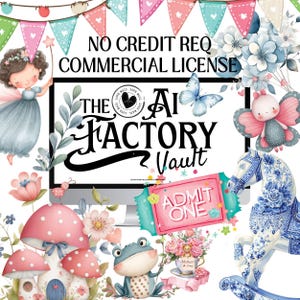 Puede incluir: Una composición de arte digital caprichosa con un hada, mariposas, setas y un caballito balancín. El elemento central es una pantalla de ordenador que muestra "THE AI FACTORY Vault" con "NO CREDIT REQ COMMERCIAL LICENSE" arriba. Un billete rosa dice "ADMIT ONE".