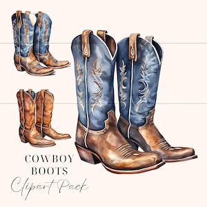 Może przedstawiać: Zestaw czterech akwarelowych ilustracji kowbojskich butów. Pokazane są dwie pary butów, jedna para jest brązowa z niebieskim wzorem, a druga para jest niebieska z brązowym wzorem. Tekst "COWBOY BOOTS Clipart Pack" jest napisany pod butami.