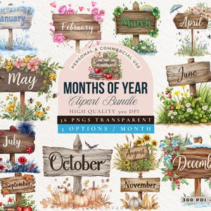 May include: Watercolor clipart bundle featuring wooden signs representing the months of the year. Each sign is decorated with seasonal elements like flowers, snow, and pumpkins. The text "MONTHS OF YEAR Clipart Bundle" is also visible.