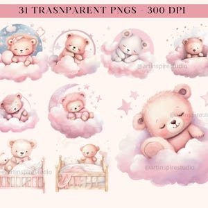 Watercolor Sleepy Teddy Bear Clipart, Baby Shower Clip Art, Cute Pink ...