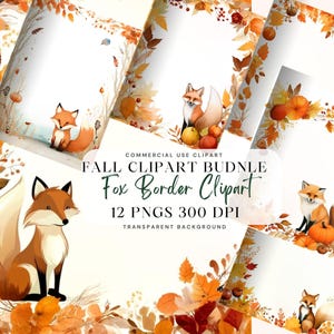Puede incluir: Un conjunto de imágenes prediseñadas digitales con zorros, calabazas y hojas de otoño en acuarela. El texto dice "Fall Clipart Bundle Fox Border Clipart" con detalles sobre los PNG y DPI.