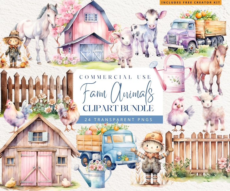 Farm Clipart Watercolor Clip Art Bundle PNG Pink Pastel Farmhouse ...