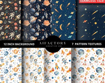 Space Seamless Pattern Digital Paper Background Bundle, space clipart nursery decor, Watercolor Space, Solar System, Space Illustrations