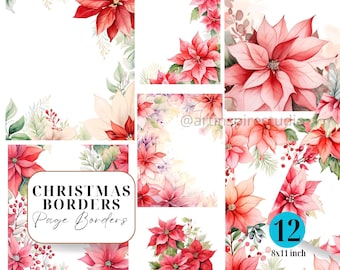 Poinsettia Christmas Page Border PNG, Watercolor Holiday Floral Frame, Christmas Scrapbook Border