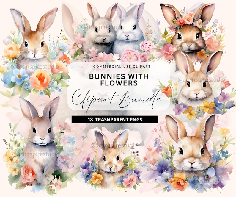 Watercolor Easter Clipart Bundle, Floral Bunny Clipart, Fluffy Bunny ...