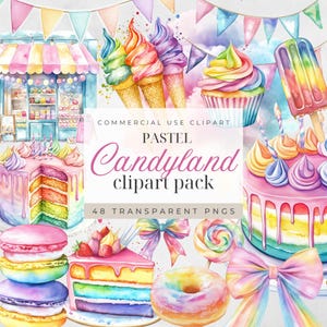 Conjunto de clipart pastel Candyland, clipart de doces em aquarela, clipart de picolé, aniversário de doces, casquinha de sorvete PNG, cupcake, donuts de algodão doce