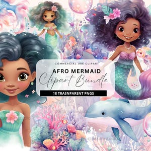 Afro Mermaid Clipart Pastel Under the Sea Clipart African Watercolour Mermaid Png Ocean Commercial Use Clipart Baby Shower Nursery Decor