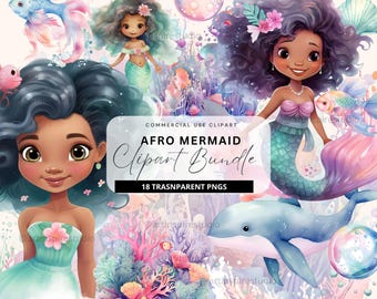 Afro Mermaid Clipart Pastel Under the Sea Clipart African Watercolour Mermaid Png Ocean Commercial Use Clipart Baby Shower Nursery Decor