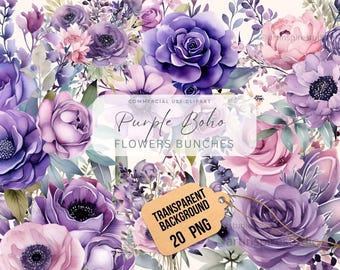 Watercolor Purple Boho Bouquet Clipart, Purple Flower Clipart PNG, Wedding Clipart, Lavender Floral Bunch Digital Download, Transparent PNG
