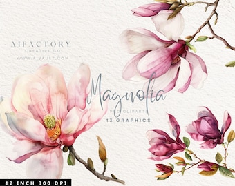 Magnolia clipart, pink flower clipart, floral clipart, botanical clipart, wedding clipart spring flowers clipart PNG Commercial Use