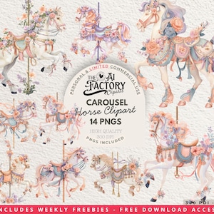 Karusellhäst Clipart Akvarell Clip Art Blommig Häst Marry Go Round, Vintage Ponny PNG Bundle Baby Shower Barnkammargrafik Kommersiellt Bruk