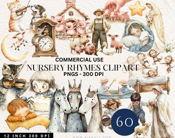 Mother Goose Nursery Rhymes Clipart, Watercolor Nursery Rhyme Clipart, Storybook Clipart for Nursery Silly Goose Baby Shower Cliparts