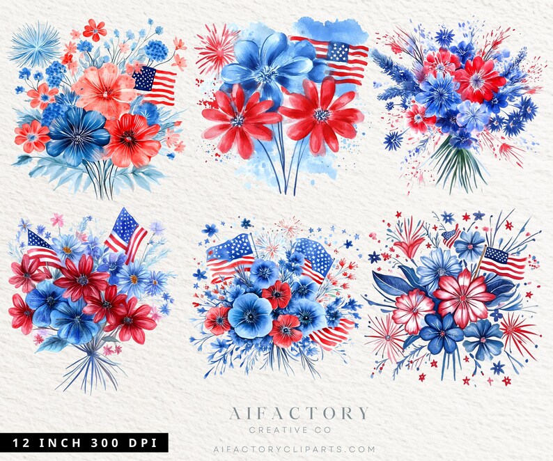 4th of July Clipart, Flowers PNG, Watercolor Floral Bouquet Clipart ...