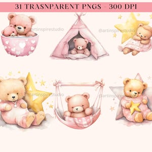 Watercolor Sleepy Teddy Bear Clipart, Baby Shower Clip Art, Cute Pink ...