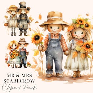 Mr and Mrs Scarecrow Clipart, Scarecrow Clip Art Fall Watercolor Clipart for commercial use Transparent PNGs Digital Crafting Autumn clipart