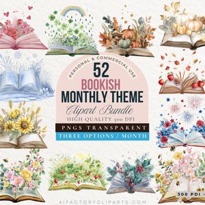 Watercolor Floral Book Clipart, Months of the Year Reading Clip Art, Monthly Floral Wildflowers Book Png Bundle, Bookish Books Lover clipart