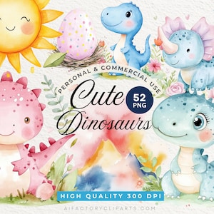 Watercolor Dinosaurs Clipart, Pastel Cute Dinosaurs PNG, Baby Shower, Nursery Decor Dino Birthday Dinosaur Nursery Dinosaur Clipart Bundle