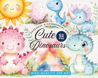 Clipart di dinosauri ad acquerello, PNG di dinosauri carini in colori pastello, baby shower, decorazioni per la cameretta dei bambini, pacchetto di clipart di dinosauri per la cameretta dei bambini.