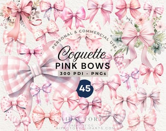 Pink Coquette Bow Clipart: Watercolor Ribbon Designs (PNG, PDF)