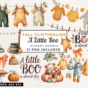 Op de afbeelding: Watercolor clipart bundel met babykleding, pompoenen en herfstthema's. Inclusief overalls, rompertjes en een teddybeer met pompoenen. Tekst: "Fall Clothesline A Little Boo Clipart Bundle 31 PNG Included."