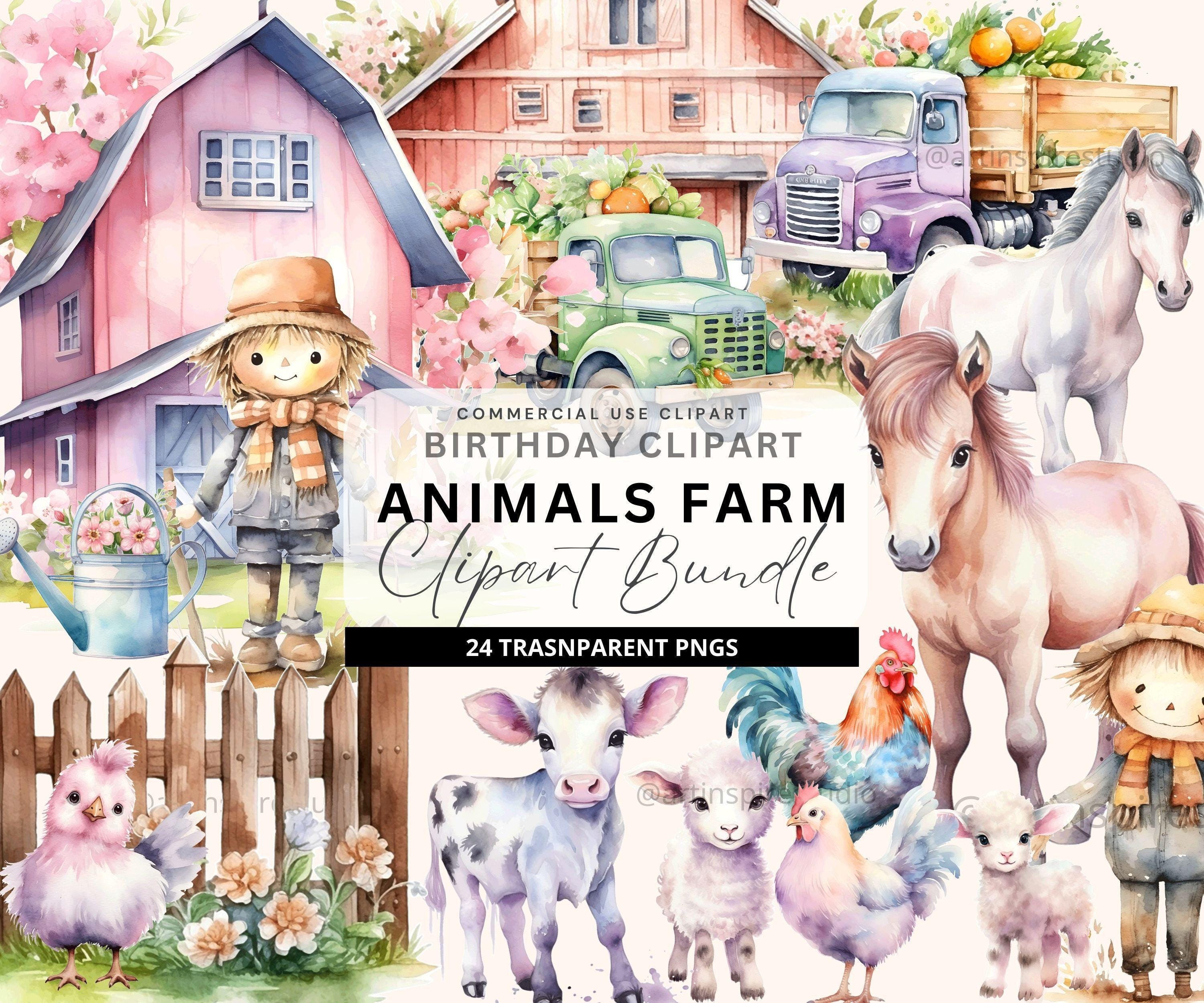 Farm Clipart Watercolor Clip Art Bundle PNG Pink Pastel Farmhouse ...