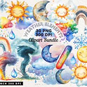 Watercolor Weather Clipart, Clouds clipart, rain, tornado, thermometer, sun, moon, raindrops and more - Commercial use clipart PNG Digital