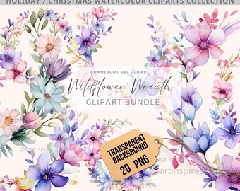 Wildflower Watercolor Wreath Clipart, Floral Wreath, Wedding Wreath, Watercolor Flowers Clipart Bundle