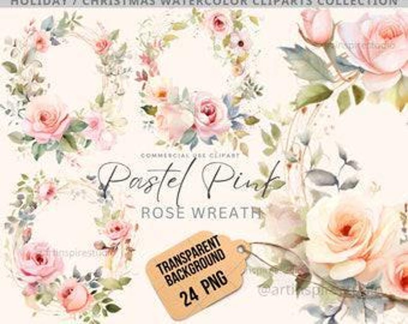 Clipart Watercolor Wreath Bundle, Roses Pink Floral Wreaths Clipart ...