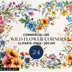 Puede incluir: Conjunto de imágenes prediseñadas florales en acuarela con flores silvestres coloridas en tonos rosa, azul, amarillo y naranja. La imagen incluye el texto "WILD FLOWER CORNERS" y "24" en un círculo azul marino. La imagen es de 300 DPI.
