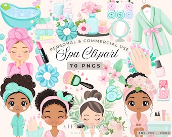Clipart Girl Skincare, Spa Watercolor Clipart, Spa Birthday Party Clip art, Cute Kids Clipart, Makeup, Sleepover Pamper Party Clipart