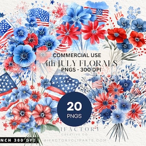 4. Juli Clipart, Blumen PNG, Aquarell Blumenstrauß Clipart, Vierter Juli Sublimationsdesign, Trendy Amerika USA Beliebte PNG
