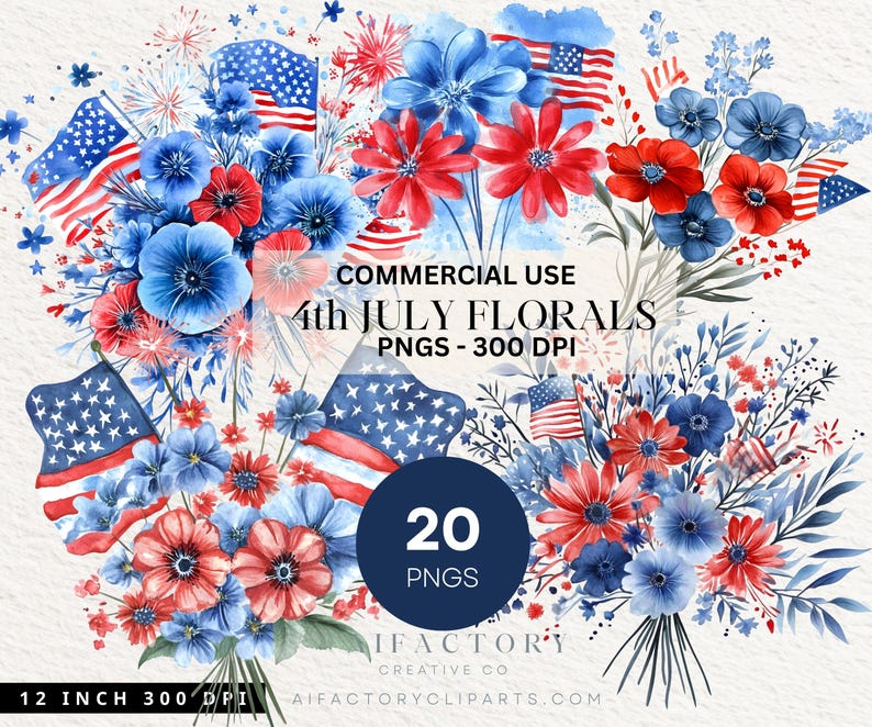 4th of July Clipart, Flowers PNG, Watercolor Floral Bouquet Clipart ...