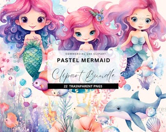 May include: A digital clipart bundle featuring pastel-colored mermaid illustrations. The set includes three mermaids with pink, purple, and blue tails, along with a whale, fish, and other ocean-themed elements. The text "COMMERCIAL USE CLIPART PASTEL MERMAID Clipart Bundle 22 TRASNPARENT PNGS" is included in the image.