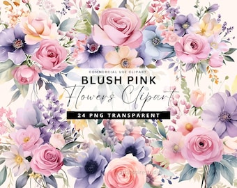 Dusty Rose Watercolor Flowers Clipart, Wildflower Floral Bouquet, Wedding Clipart, Watercolor Floral PNG Blush Pink and Purple