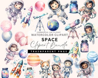 Watercolor Astronaut Space Clipart, Astronaut Nursery, Planets Clip Art, Cute Rocket, Digital Download, Stars and Moon PNG, Space Decor
