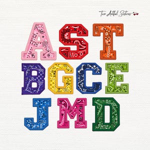 May include: A collection of embroidered alphabet letters featuring a colorful bandana paisley pattern. The letters A, S, T, B, G, C, E, J, M, and D are displayed in various colors including pink, red, orange, purple, yellow, blue, and green.