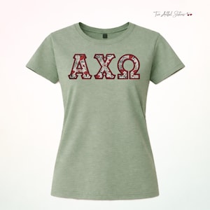 May include: A sage green short-sleeve t-shirt featuring the Greek letters Alpha Chi Omega in a bold, block-style font. The letters are filled with a white pattern of red poppies and green foliage, outlined in a dark red border.