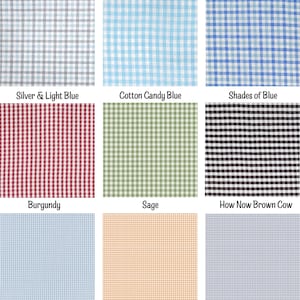 K&ouml;nnte beinhalten: Ein Raster aus neun Stoffmustern mit verschiedenen Vichy-Karomustern in Farben wie Silber, Hellblau, Burgunderrot, Salbei, Braun, Orange und Blaut&ouml;nen. Jedes Quadrat ist mit Namen wie Silver & Light Blue, Cotton Candy Blue, Shades of Blue, Burgundy, Sage, How Now Brown Cow sowie Micro Makower 100, 101 und 102 beschriftet.