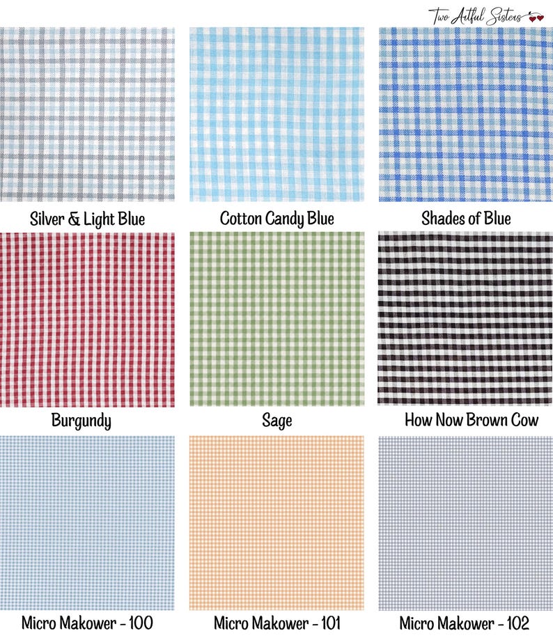 K&ouml;nnte beinhalten: Ein Raster aus neun Stoffmustern mit verschiedenen Vichy-Karomustern in Farben wie Silber, Hellblau, Burgunderrot, Salbei, Braun, Orange und Blaut&ouml;nen. Jedes Quadrat ist mit Namen wie Silver & Light Blue, Cotton Candy Blue, Shades of Blue, Burgundy, Sage, How Now Brown Cow sowie Micro Makower 100, 101 und 102 beschriftet.