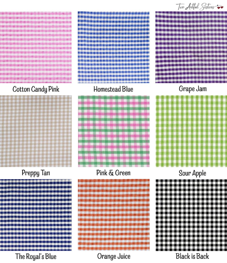 K&ouml;nnte beinhalten: Ein Raster aus neun Stoffmustern mit verschiedenen Vichy-Karomustern in den Farben Cotton Candy Pink, Homestead Blue, Grape Jam, Preppy Tan, Pink & Green, Sour Apple, The Royal's Blue, Orange Juice und Black is Back.