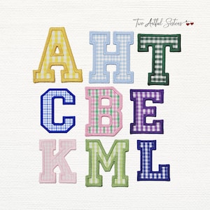 May include: A collection of nine embroidered alphabet letter patches featuring a gingham check pattern in various colors including yellow, light blue, dark green, royal blue, pink, purple, light pink, lime green, and navy blue with stitched borders.