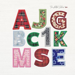 May include: A collection of fabric applique letters and numbers featuring various patterns including red plaid, holly leaves, berries, light blue, green buffalo check, black swirls, colorful presents, pink string lights, and blue Star of David prints.
