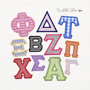 May include: A collection of colorful Greek letter patches in various gingham patterns. The letters include pink, blue, black, green, red, purple, and orange. The image includes the text "Two Artful Sisters".