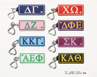 Porte-clés personnalisé lettre grecque - cadeau de sororité personnalisé avec clip coeur - fabriqué aux États-Unis