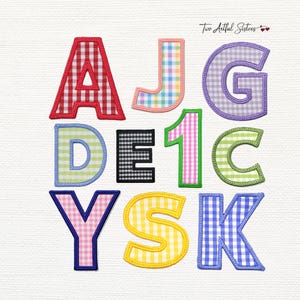 May include: A collection of fabric applique letters and numbers featuring various gingham patterns in red, pastel rainbow, purple, light green, black, pink, yellow, and blue, each with a stitched border, arranged on a white textured background.