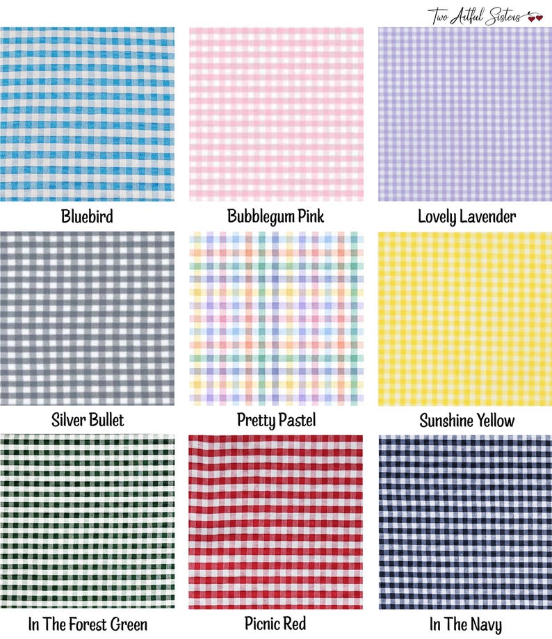 K&ouml;nnte beinhalten: Ein Raster aus neun Stoffmustern mit Vichy-Karomustern in Blau, Kaugummi-Rosa, Lavendel, Silber, einem mehrfarbigen Pastell-Karo, Gelb, Waldgr&uuml;n, Rot und Marineblau. Jedes Muster ist unterhalb mit dem entsprechenden Farbnamen beschriftet.