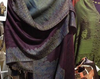 Eggplant & dusty turquoise Silk Pashmina with Buttons